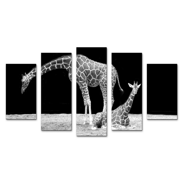 Cuadro decorativo para Sala, Comedor y Recamara, Jirafas Pareja, Blancoy Negro, Animales, minimalista, moderno, elegante, juego de 5 piezas