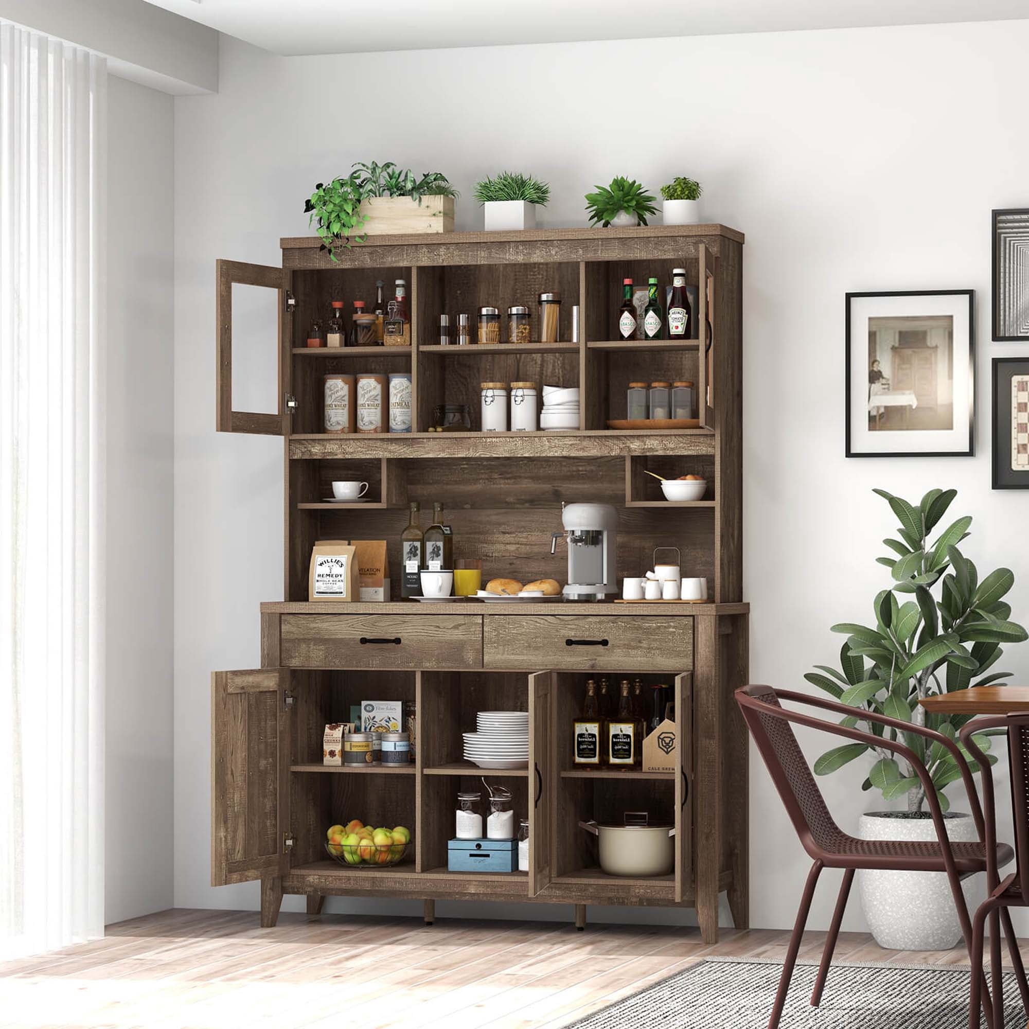 Costway Kitchen Pantry Cabinet with Microwave Countertop Double Glass Doors 2 Drawers