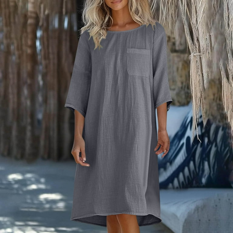 RYDCOT 3/4 Sleeve Dress for Women Plus Size Dresses Casual Imitation Cotton  Linen Dress Crew Neck Summer Midi Dress with Pocket Shirt Dress Dark Gray -  Walmart.com