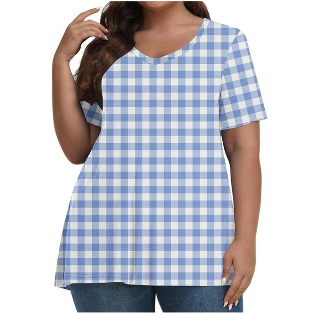 fheaev Hauts Grande Taille pour Femmes Haut d'Été Plissé Col Rond Manches Courtes Tunique Décontractée Basique Tee Blouses T-Shirts