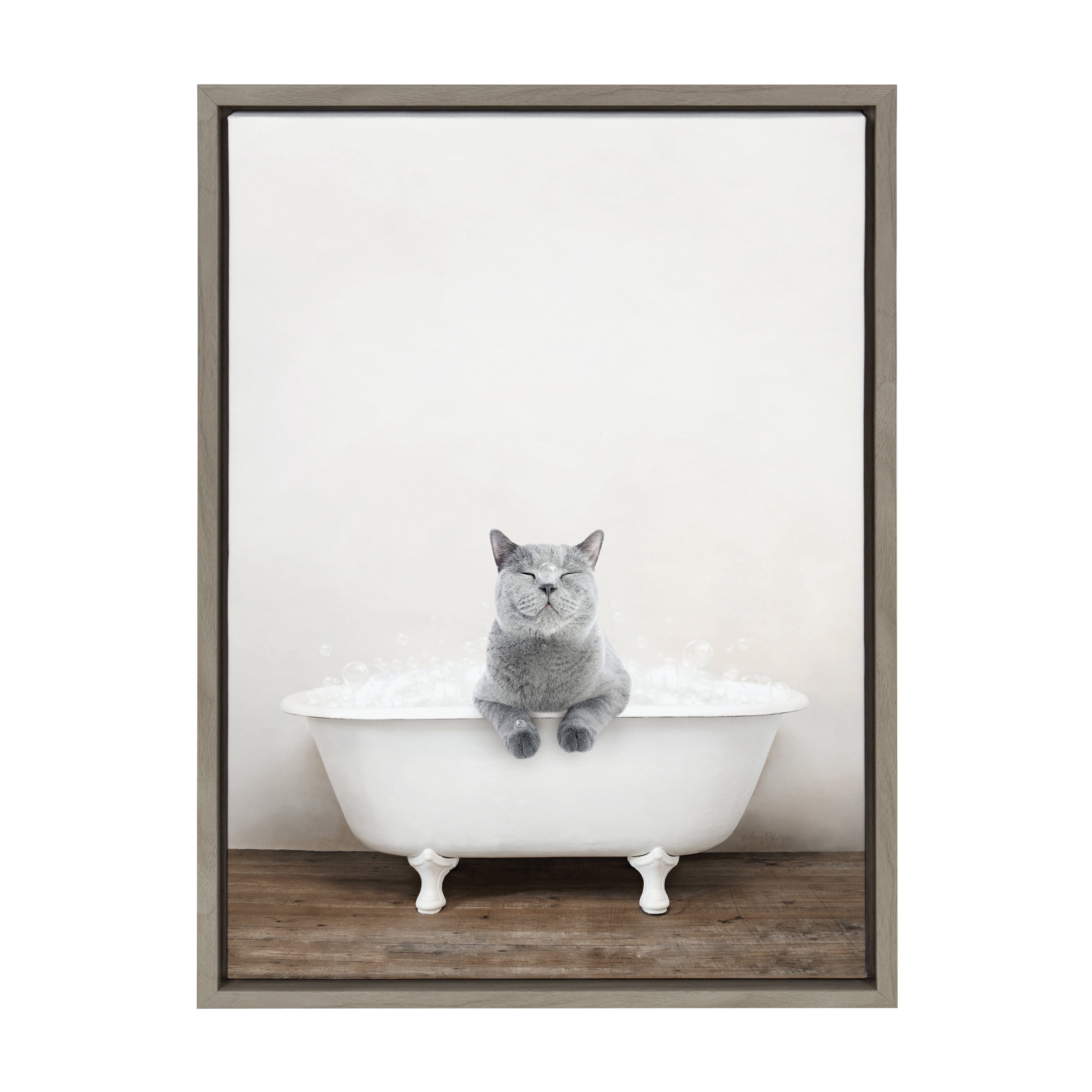 Kate and Laurel Sylvie Cat in Rustic Bath Framed Canvas Wall Art by Amy Peterson Art Studio, 18x24 Gray, Modern Fun Decorative Bathtub Wall Art for Home Décor
