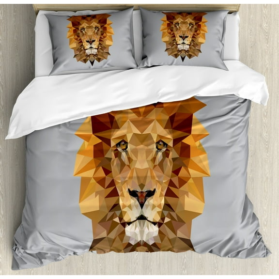 Polygons Duvet Cover Set Queen Size, Lion Head Portrait Geometric Details Contemporary Art King of Forest, Decorative 3 Piece Bedding Set with 2 Pillow Shams, Grey Cinnamon Apricot, by Ambesonne