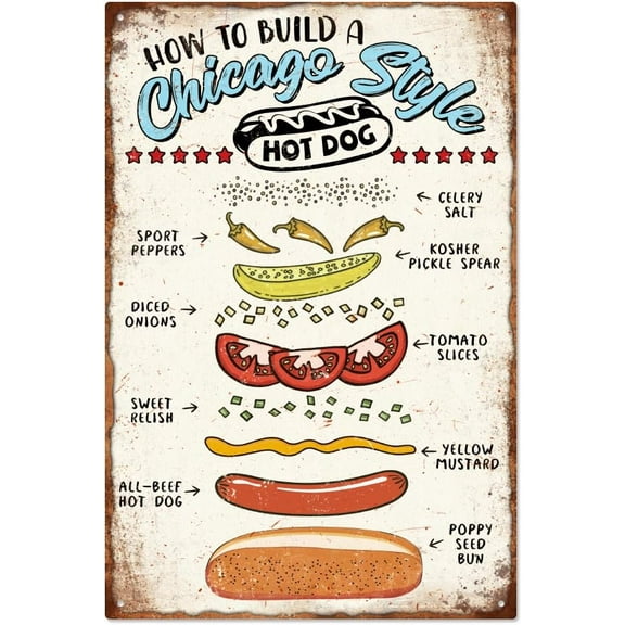 Hot Dog Metal Tin Sign 7.8x11.8 Inch Funny Retro Restaurant Cafe Pubs Home Tin Sign Vintage How to Build A Chicago Style Wall Art Poster Plaque Decor for Bars Pubs Shop Kitchen Decor