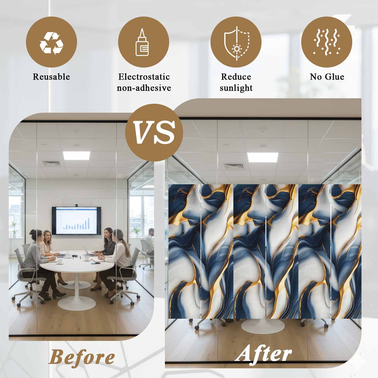 Navy Blue Marble Window Privacy Film, Gold Modern Art Static Cling UV Sun Blocking Heat Control Window Tint Day and Night, Non-Adhesive Reusable One Way Windows Privacy Cover 23.6''x59''