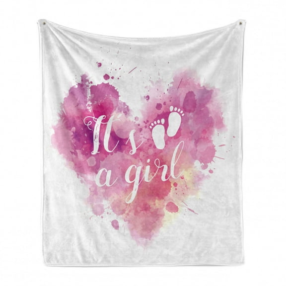 Gender Reveal Soft Flannel Fleece Throw Blanket, Heart Shaped Paintbrush with Its a Girl Words Baby Footprints, Cozy Plush for Indoor and Outdoor Use, 50" x 70", Fuchsia Pink and White, by Ambesonne