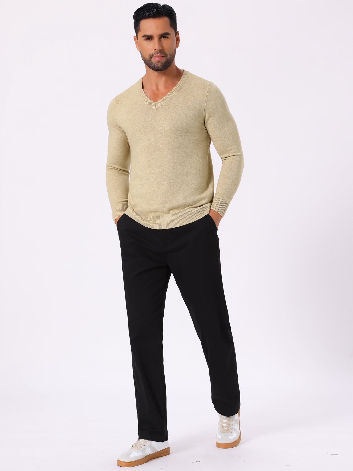 DARING DIVA Men's Long Sleeve V-Neck Solid Knitted Pullover Sweater L Beige