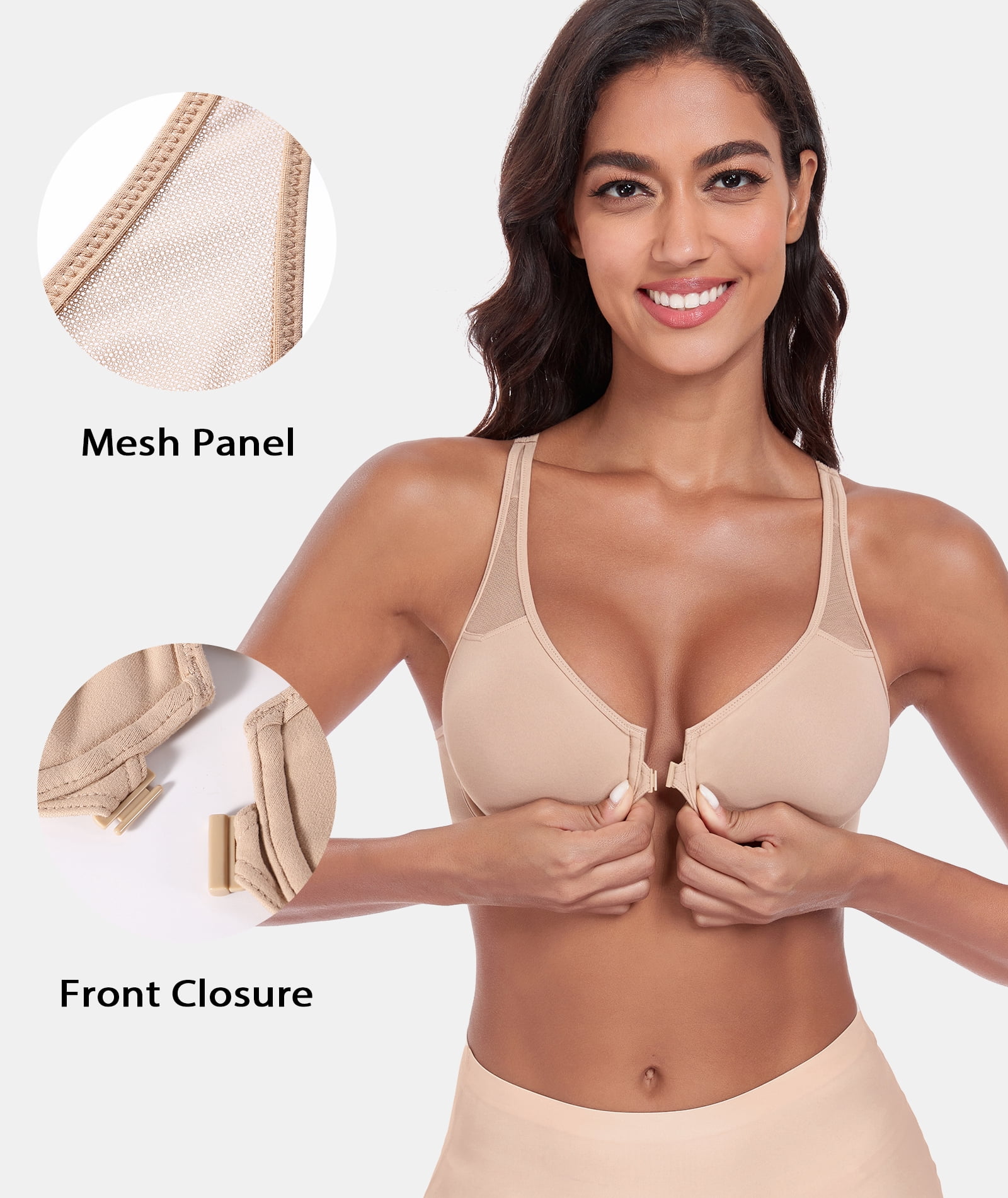 Exerin Women's Front Close Unlined Underwire V-Neck Racerback Bra(40DD,Beige)