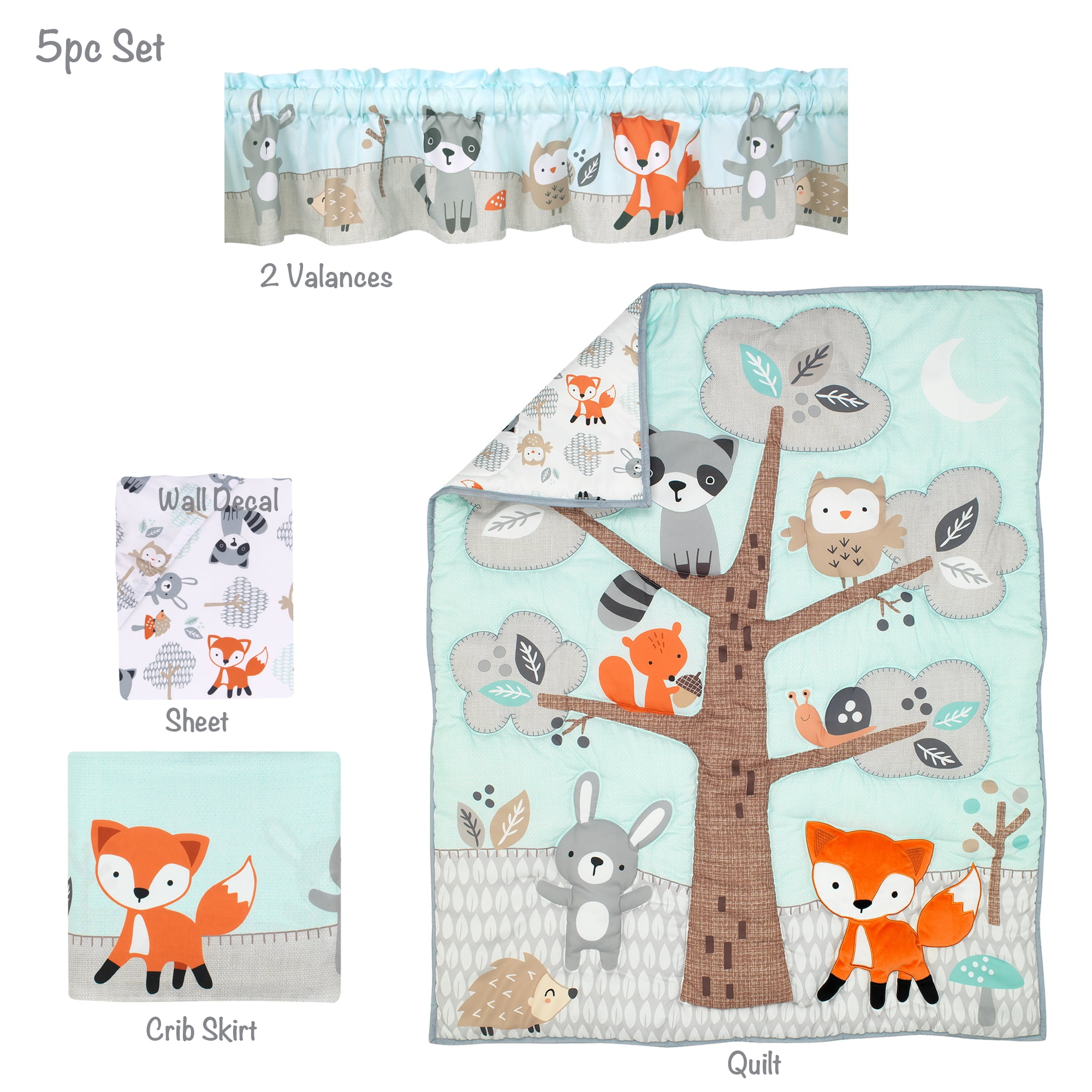 Bedtime Originals Woodland Friends Animals Mint/Gray 5-Piece Crib Bedding Set