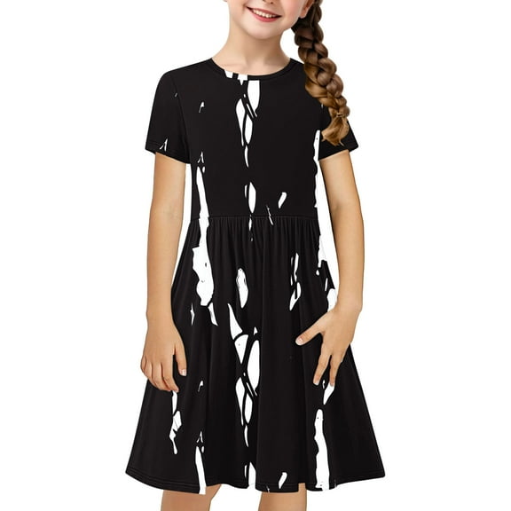 Girls Short Sleeve Flowy Dress Child Kids A-Line Skater Flowy Summer Casual T-Shirt Dresses Girl Dress Black 9Y
