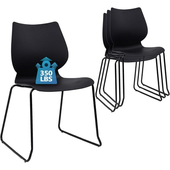 Stackable Waiting Room Chair, Stacking Office Chair with Ergonomic Lumbar Support and Metal Legs, Plastic Desk Chairs for Conference School Church Guest Reception Set of 4, Black