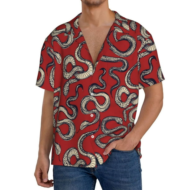 Fotbe Snake Camisa Estampada de Manga Corta para Hombre, Casual de Verano, Estilo Playero, Sin Arrugas-Large
