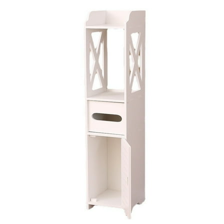 White Bathroom Storage Cabinet | Freestanding Floor Organizer with Door & Open Shelf | 31.4" Narrow Space Design for Bathroom, Kitchen, Living Room | Wood Material