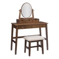 thumbnail image 1 of Linon Ensemble Coiffeuse en Bois Iris et Tabouret Rembourré Miroir Ovale 5 Tiroirs en Noyer Brun, 1 of 14