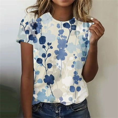 Plus Size Tops for Women,Summer Tops,Women's Fashion Printed T-shirt Short Sleeves Blouse Round Neck Casual Tops