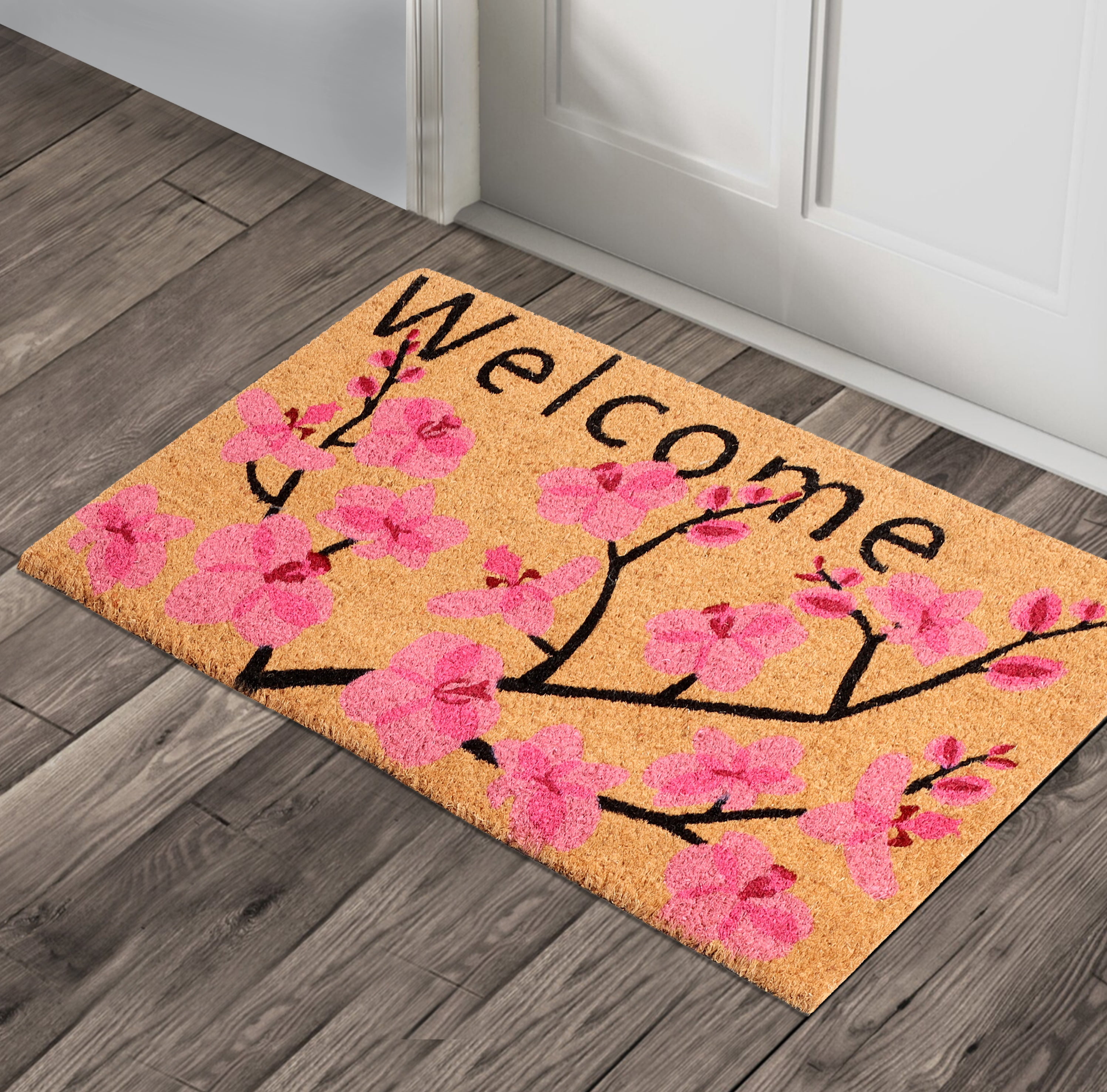 A1HC Natural Coco Coir Doormat, Spring Pink Floral, 18"x30", Durable Outdoor Welcome Mat, Non-Slip, Easy to Clean, Pet Friendly