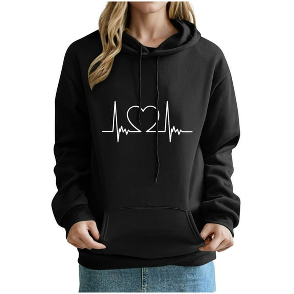 Womens Hoodie Classic Drawstring Hooded Sweatshirts with Pockets Long Sleeve Tops Hearts Printed Sweater Casual Pullover Comfy Sportswear Loose Fit Coat with Hood Womens Sweatshirtss Size 8-16