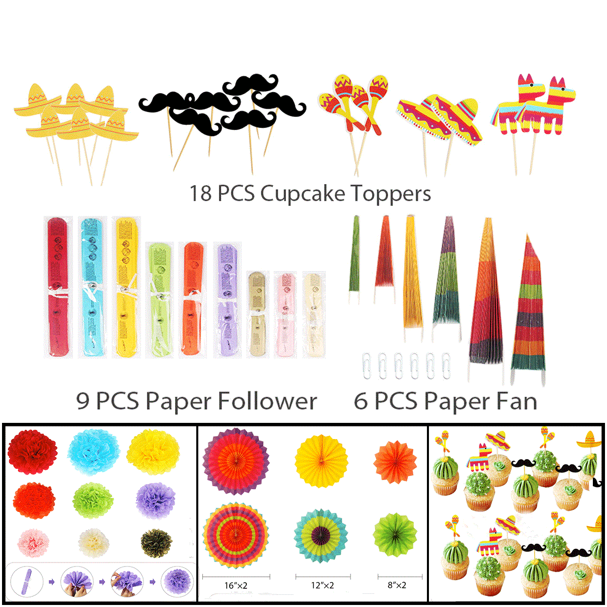 3 Sets Fiesta Party Supplies Tissue Thick Paper Poms Paper Flowers Fans Cupcake Toppers