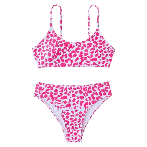 FINALGANG Girls 2 Piece Bikini Set Kids Summer Lightweight Leopard Print Spaghetti Strap Top High Waist Stretchy Swim Briefs For Beach Pool Wear Hot Pink 7-8 Years