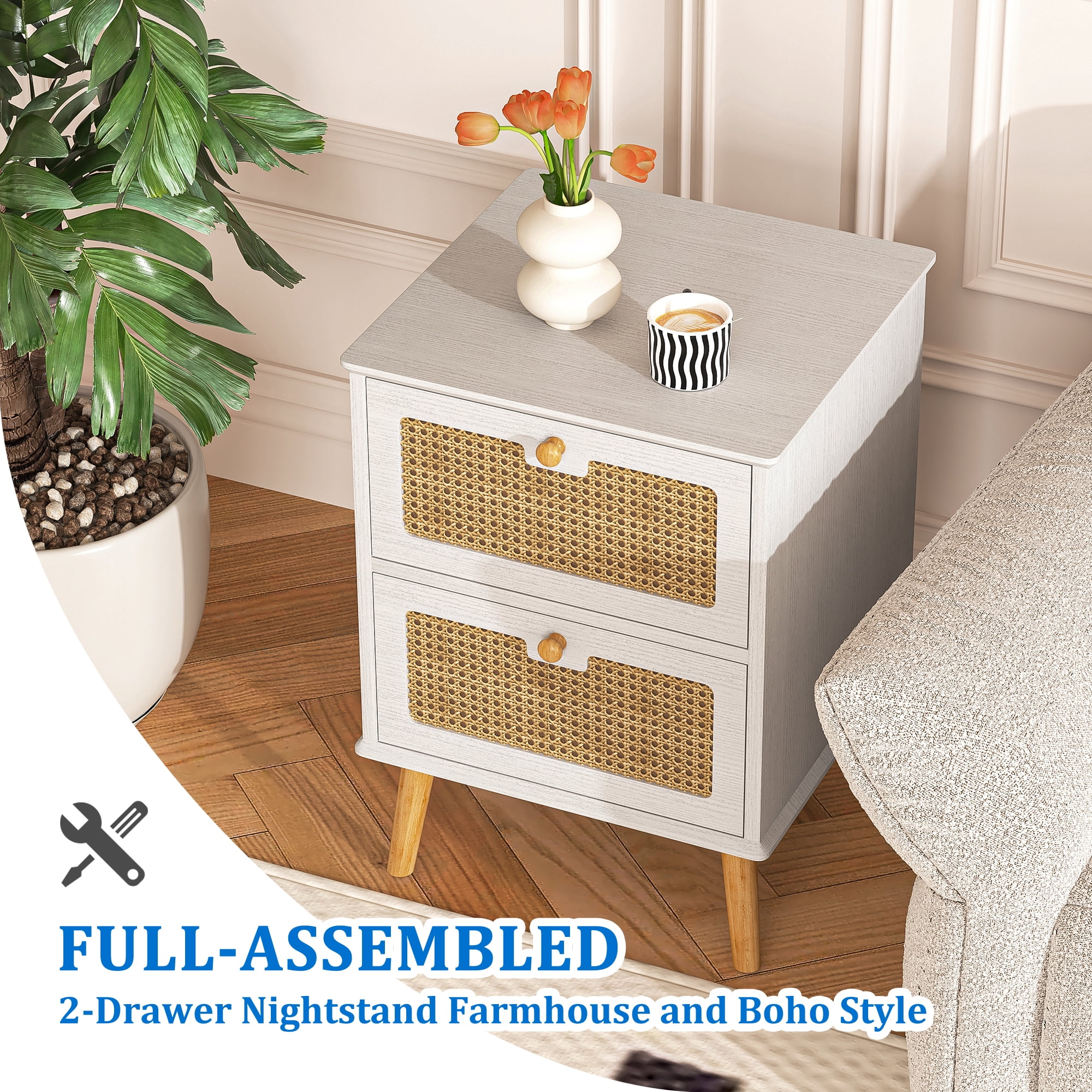 Finihen Nightstand, End Table, Side Table with 2 Hand Made Rattan Decorated Drawers, Wood Accent Table with Storage for Bedroom, White Finihen Nightstand, End Table, Side Table with 2 Hand Made Rattan Decorated Drawers, Wood Accent Table with Storage for Bedroom, White
