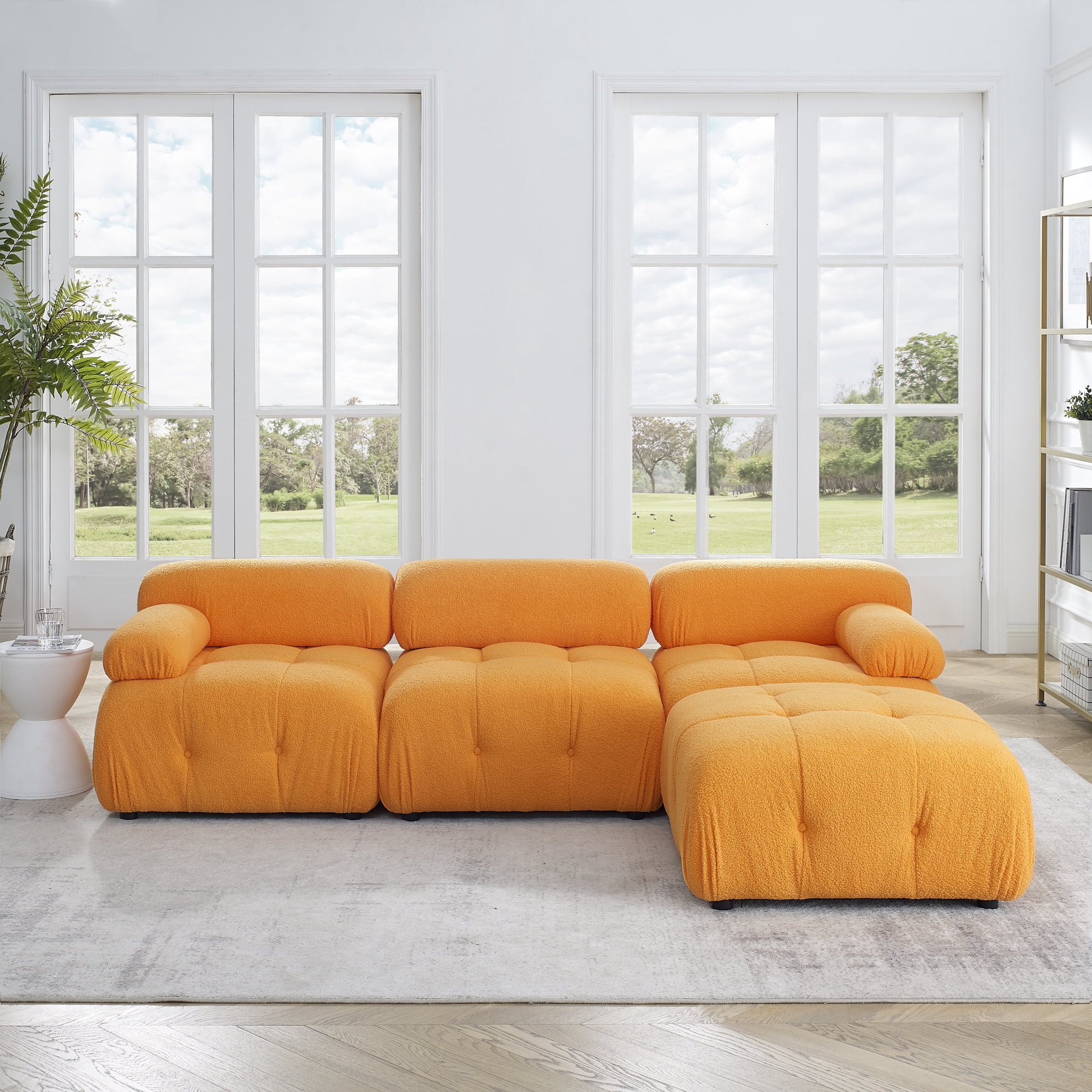 Aukfa 93" Sectional Sofa, Living Room Modular Couch with Ottoman, Pillow Top Arms, Teddy Fleece, Orange