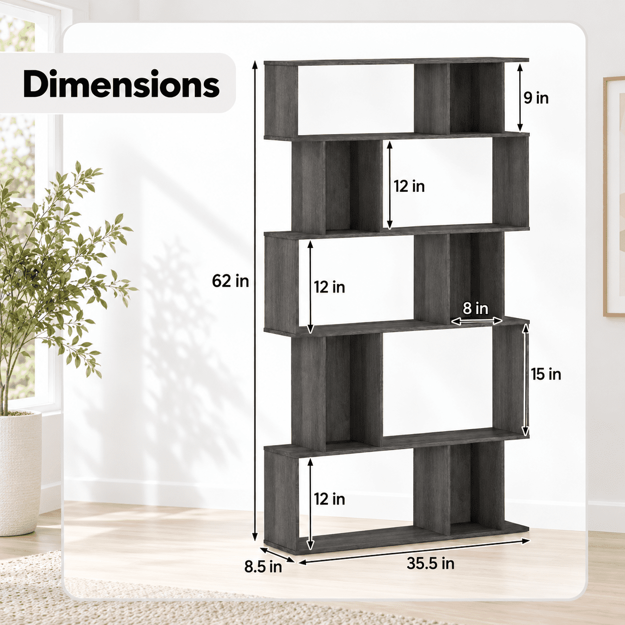 Furnibear 5 Tier Tall Bookshelf Bookcase with Open Shelves and Closed-Back Cube Storage for Living Room Home Office and Bedroom, Oak