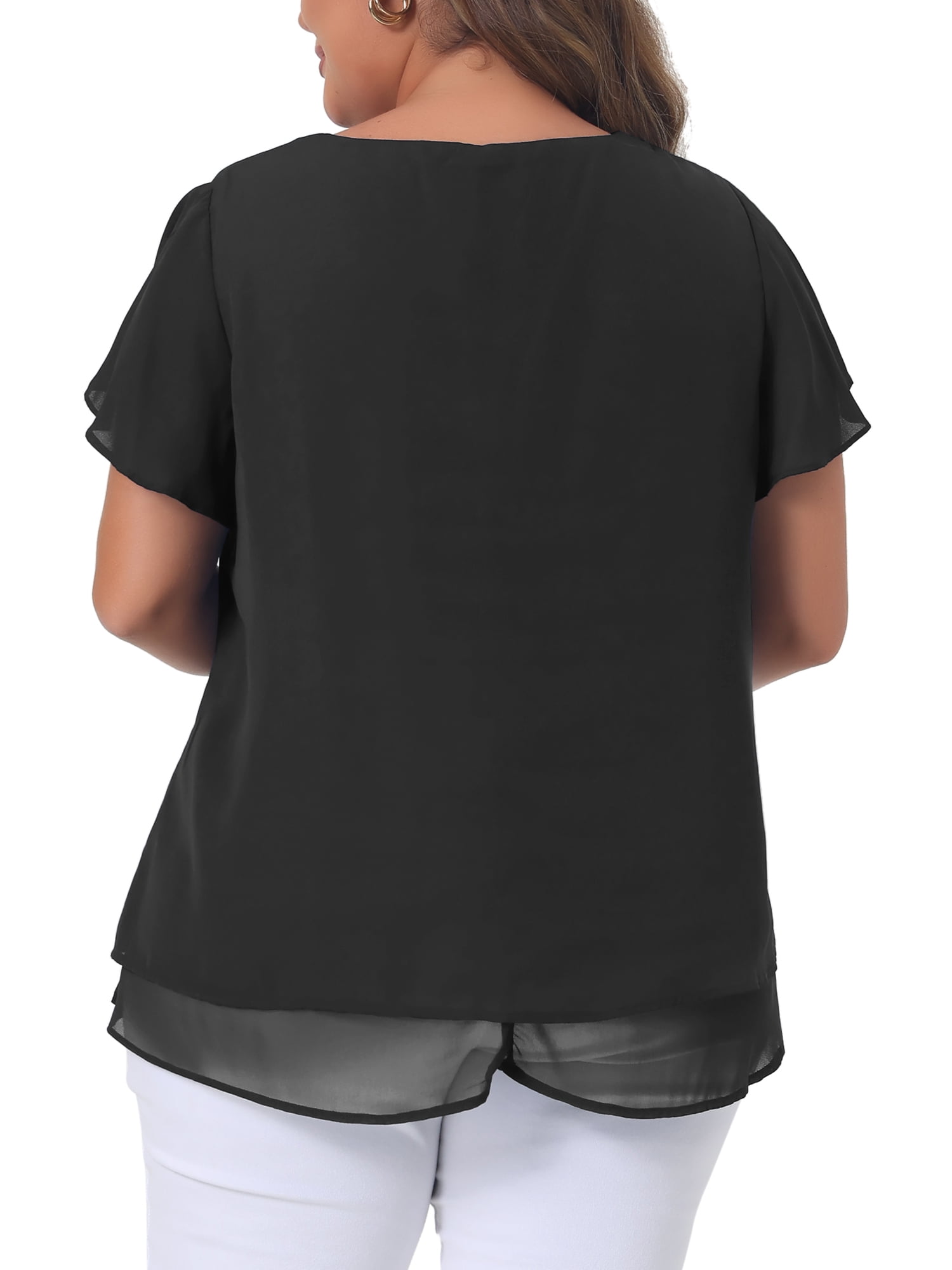 DARING DIVA Women's Plus Size Ruffle Short Sleeve V Neck Chiffon Blouse 5X Black
