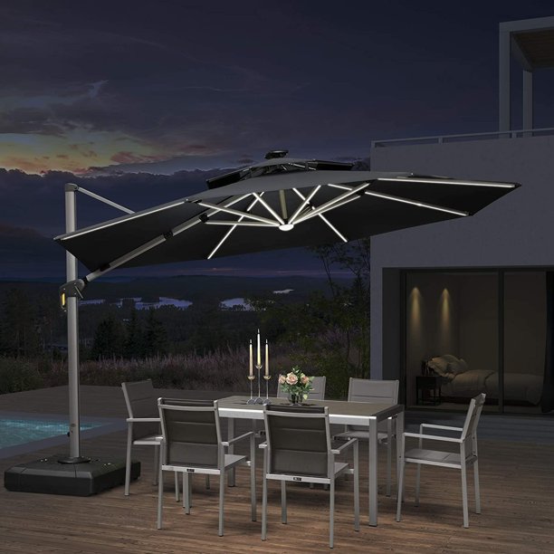 Purple Leaf 12ft Solar Powered Led Patio Umbrella Outdoor Round Umbrella Large Cantilever Umbrella With Led Lights Windproof Offset Umbrella Heavy Duty Sun Umbrella For Garden Deck Pool Patio Grey Walmart Com