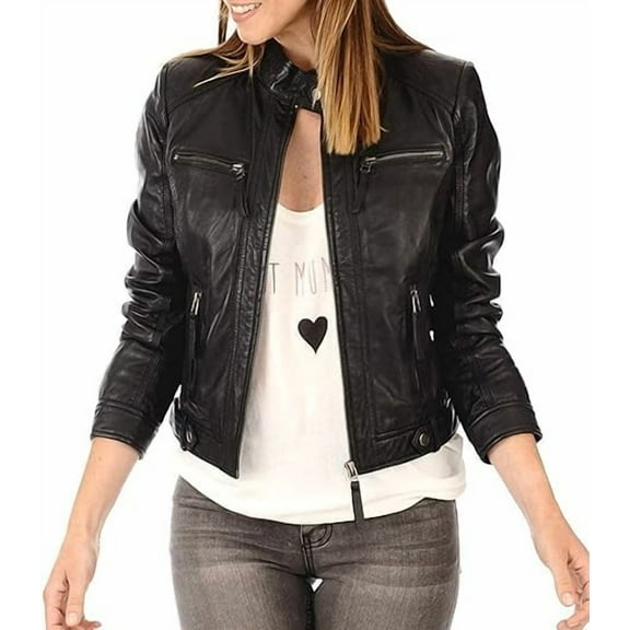 Brand New Genuine Soft Black Lambskin Leather Jacket For Women's Designer Wear W509
