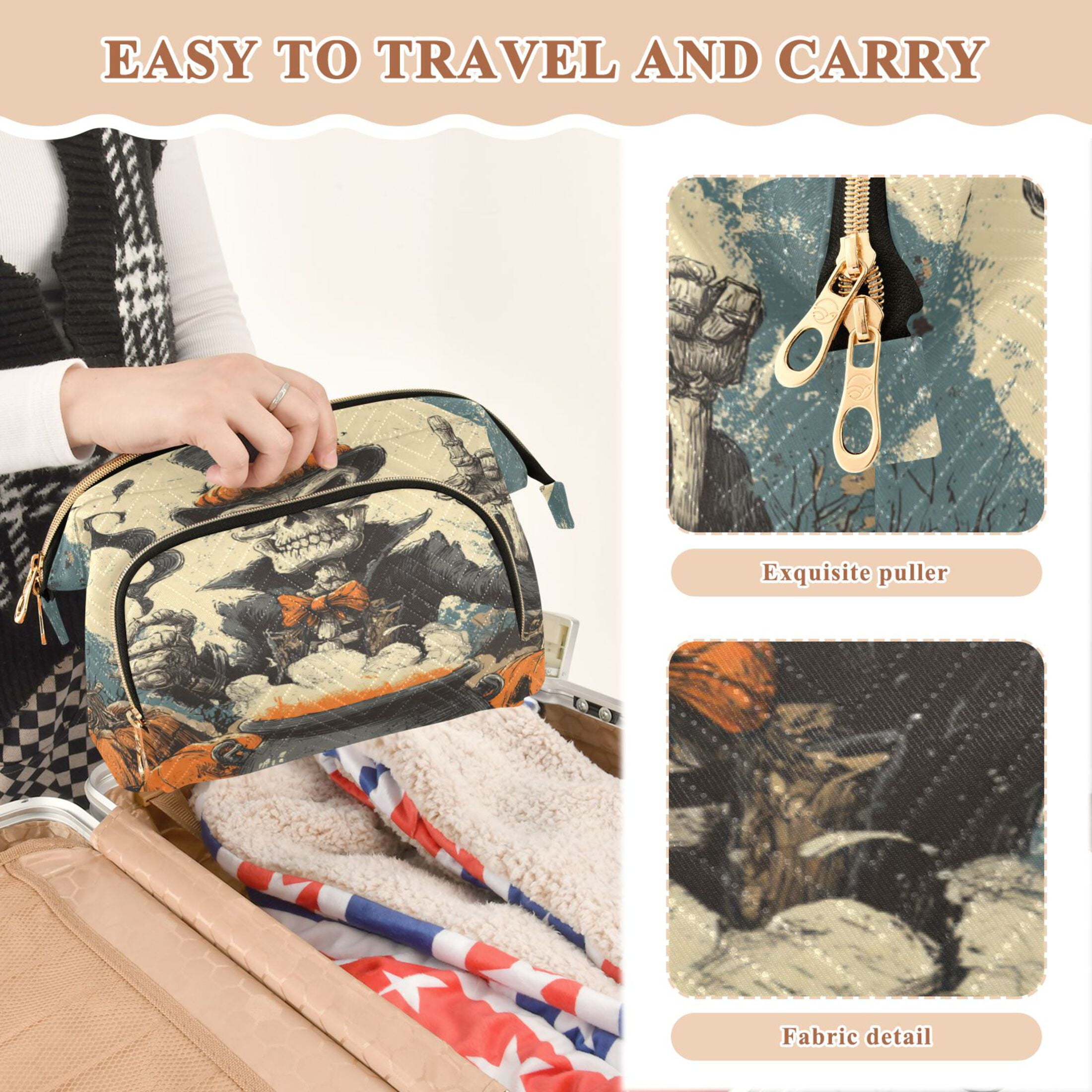 Wavy Quilted Cosmetic Bag Large-Capacity Travel Toiletry Organizer Includes 9-Piece Portable Travel Bottle Set Evil Skeleton Wizard