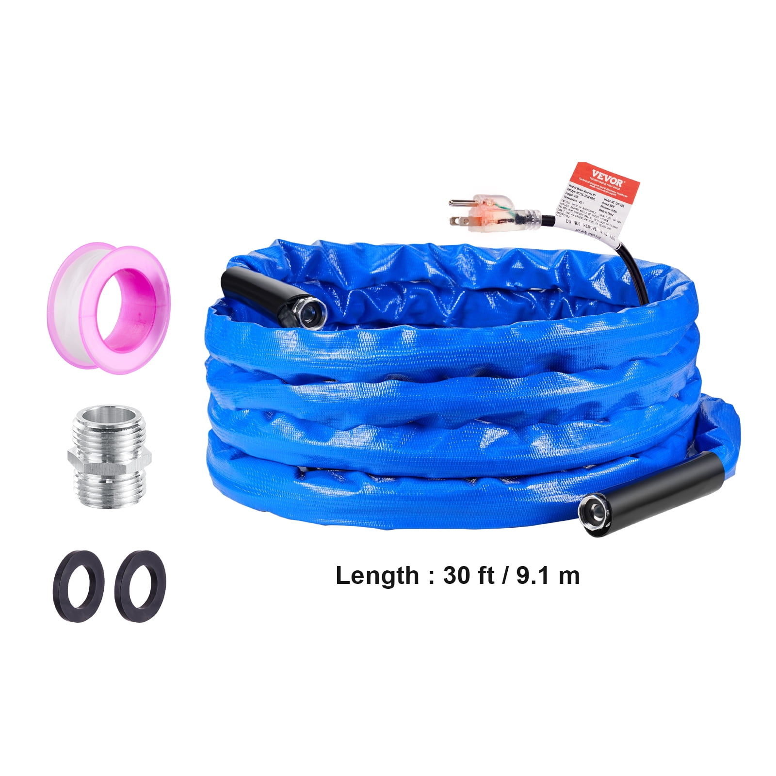 VEVOR 30ft Heated Water Hose for RV, Heated Drinking Water Hose with Corrugated Cover Antifreeze to -45°F, Automatic Self-regulating, 5/8" I.D. with 3/4" GHT Adapter, Lead and BPA Free