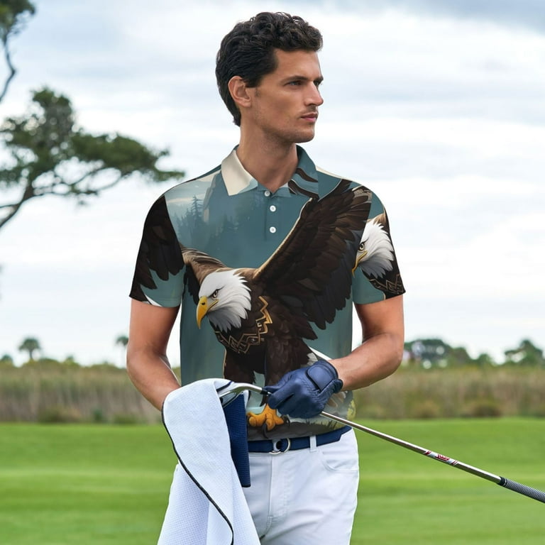Jgfou Forest River Bald Eagle Print Golf Shirts for Men Dry Fit Performance Short Sleeve Shirt Polo Shirt Walmart