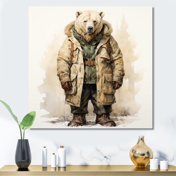 Designart "Bear in a Parka" Animals Wall Art - Modern Brown Bear Entryway Wall Art Print