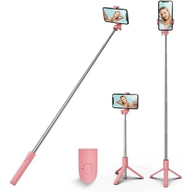 KOMI Perche à Selfie Trépied, Support Trépied Stable avec Télécommande Sans Fil Détachable, Compatible avec iPhone 15 Pro Max/15 Plus/14/13, Samsung, LG, Google Téléphone Intelligent (Rose)