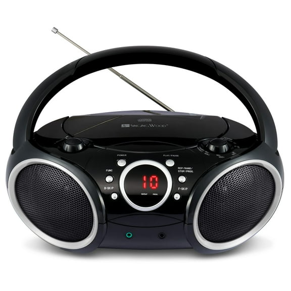 SINGING WOOD 030C Reproductor de CD portátil Boombox AM FM Radio de sintonización analógica, entrada de línea auxiliar, conector de auriculares, asa de transporte plegable (negro con un toque de