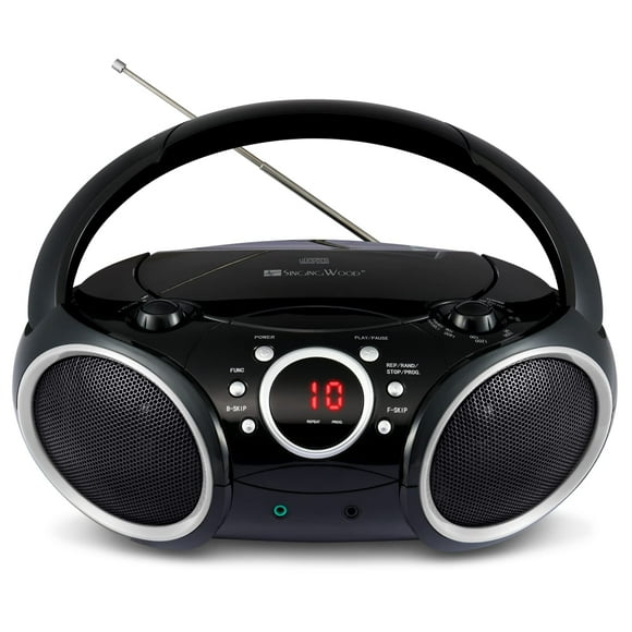 SINGING WOOD 030C Reproductor de CD portátil Boombox AM FM Radio de sintonización analógica, entrada de línea auxiliar, conector de auriculares, asa de transporte plegable (negro con un toque de