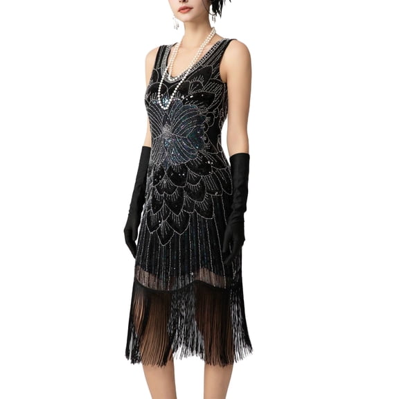 Women's Vintage Sequin Beaded Fringe Dress Round Neck Short Sleeve Mesh Elegant Slim Fit Dresses for Evening Party Green L