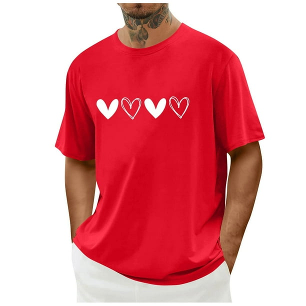 Tops para hombre, blusas y camisas de cuello redondo y manga corta para hombre. Camiseta/camisa informal de cuello redondo y manga corta con estampado de corazones para hombre. Tops de poliéster para