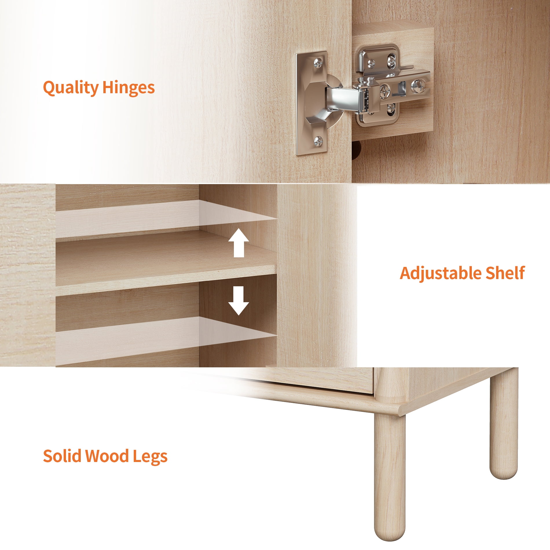 Modern TV Stand Console Table with Adjustable Shelf & 4 Soft-Close Doors，Natural