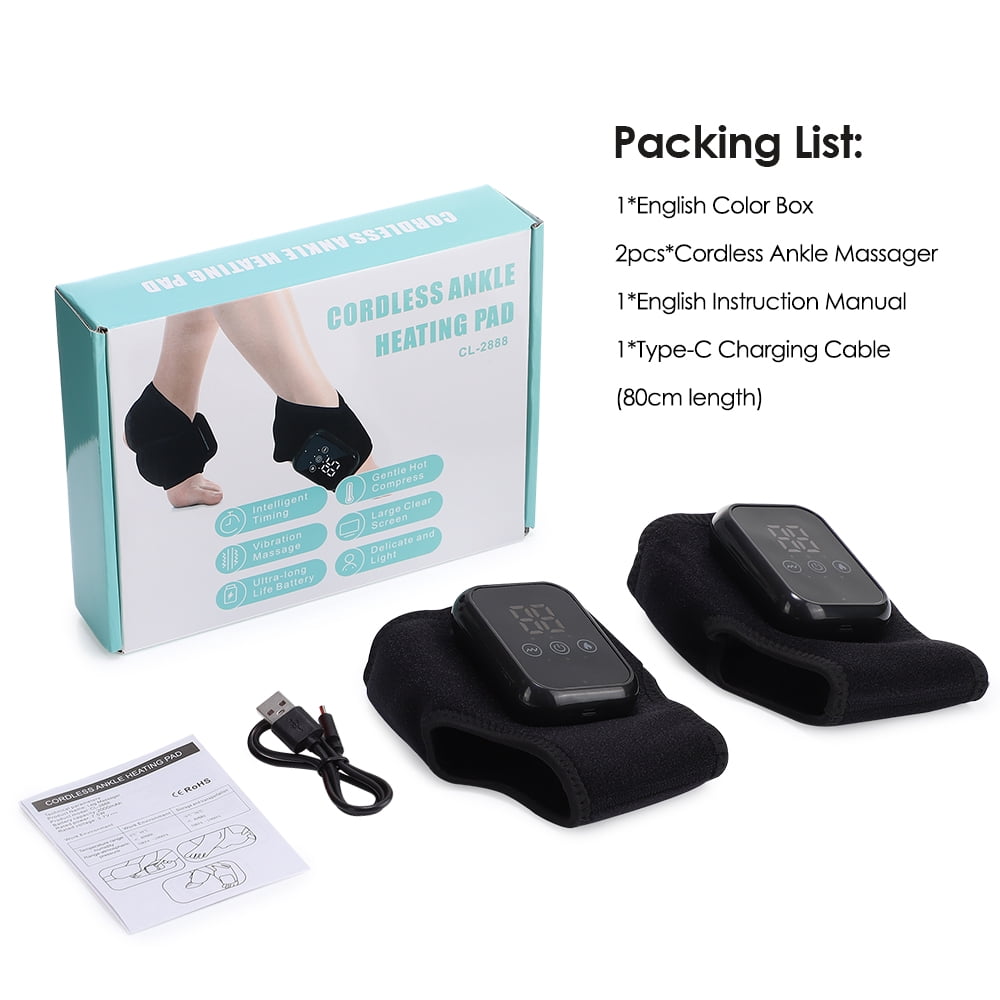 Ankle Heating Pad with Massage, 2Pcs Cordless Heated Ankle Brace Wrap, 3 Heat & Vibration Settings, USB Rechargeable Ankle Massager for Pain Relief, Black