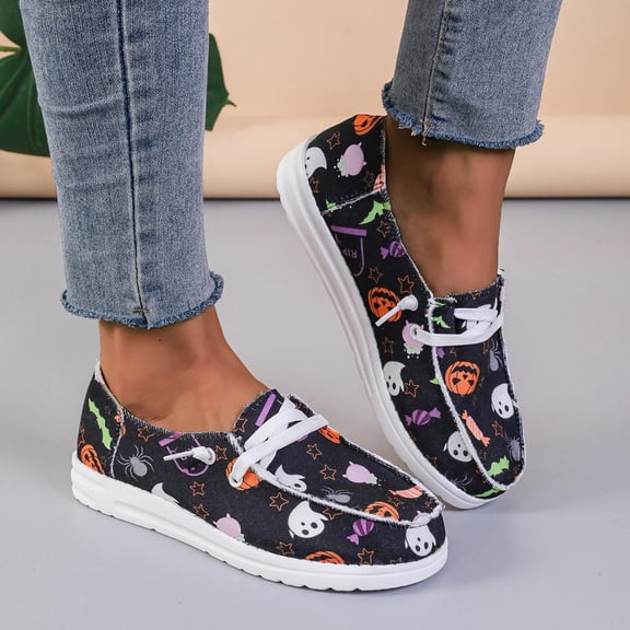 Willtoo Fashion Halloween Canvas Sneakers for Women,Pumpkin Print Colorful Halloween Low Top Canvas Shoes Lace Up Flats Loafers Shoes Slip-On Casual Comfortable Walking Shoes