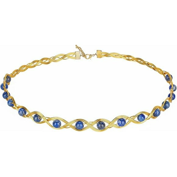 wonima44 Renaissance Crystal Celtic Crown - Handmade Gold Fairy Circlet Elvish Headband Lapis Lazuli Healing Beaded Braided Headpiece Tiara Queen Royal Cosplay Hair Decoration for Wedding Halloween