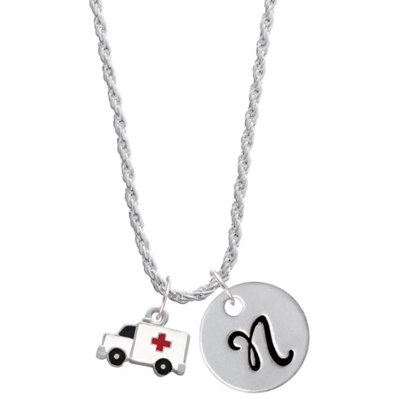 Delight Jewelry Silvertone Ambulance with Cross Silvertone Script Initial Disc - N - Charm Necklace, 20"+3"