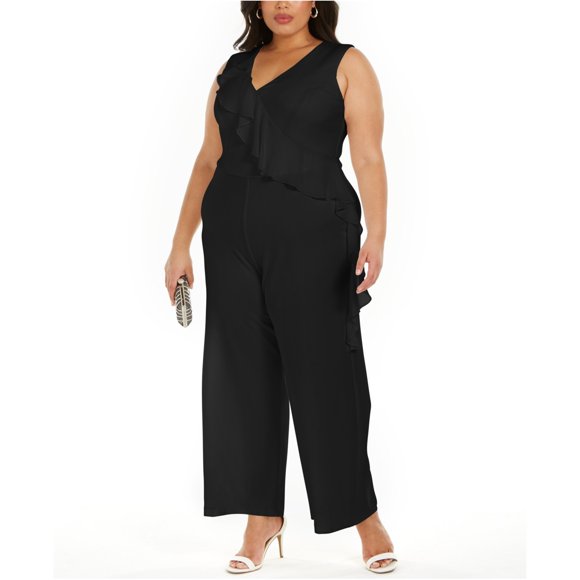 Connected Womens Ruffled Wide Leg Jumpsuit black 24W