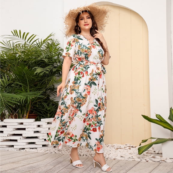 AURA Plus Size High Waist V Neck Printed Maxi Dress Elegant Spring Summer Style