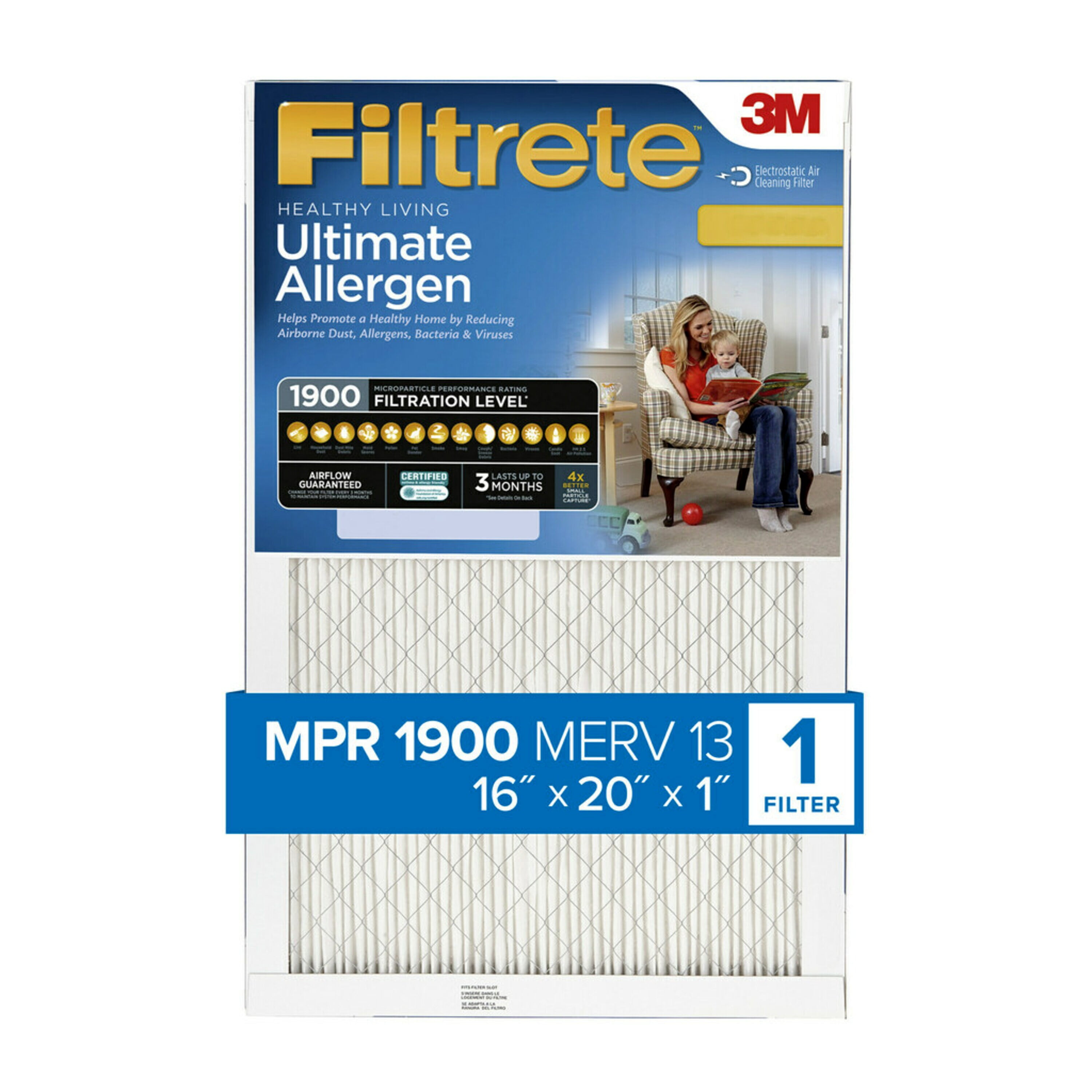 Filtrete by 3M 16x20x1, MERV 13, Ultimate Allergen Reduction HVAC Furnace Air Filter, 1900 MPR, 1 Filter