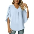 thumbnail image 2 of Usmixi Womens Tops Solid Elbow-Length V-Neck Tee Shirts Summer Casual Lightweight Loose Fit Comfy Chiffon Blouse Sky Blue XXL Clothes, 2 of 6
