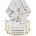 thumbnail image 1 of Geichan Marble Gold Coasters for Drinks Absorbent with Cork Base, 6pcs Drink Coasters for Wooden Table with Metal Holder, Gold Ceramic Cup Coaster Set Home Decor for Tabletop Protection, 1 of 6