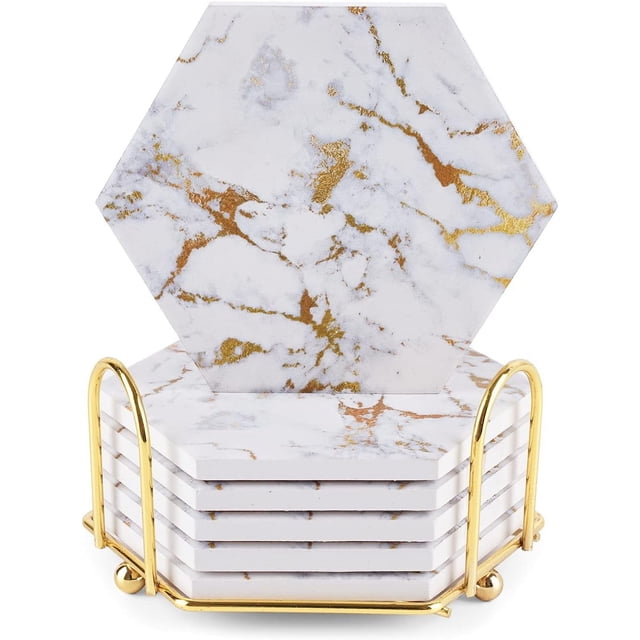 Geichan Marble Gold Coasters for Drinks Absorbent with Cork Base, 6pcs Drink Coasters for Wooden Table with Metal Holder, Gold Ceramic Cup Coaster Set Home Decor for Tabletop Protection