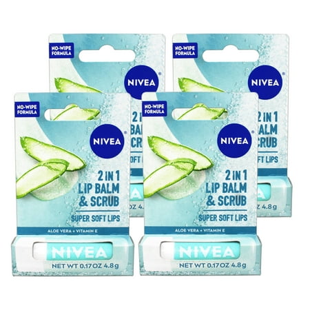 4 Pack - Nivea 2in1 Lip Balm & Scrub Super Soft Lips, Aloe Vera + Vitamin E, 0.17 oz (4.8 g)