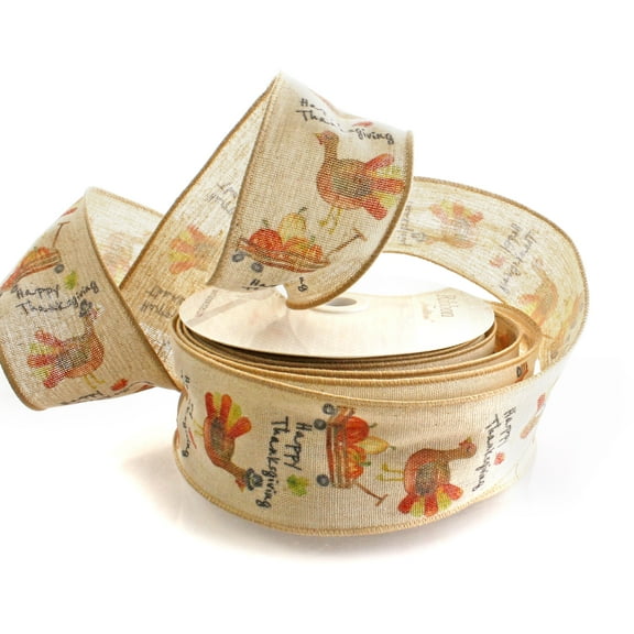 2 1/2" Wired Ribbon Happy Thanksgiving Turkeys Burlap 10yds